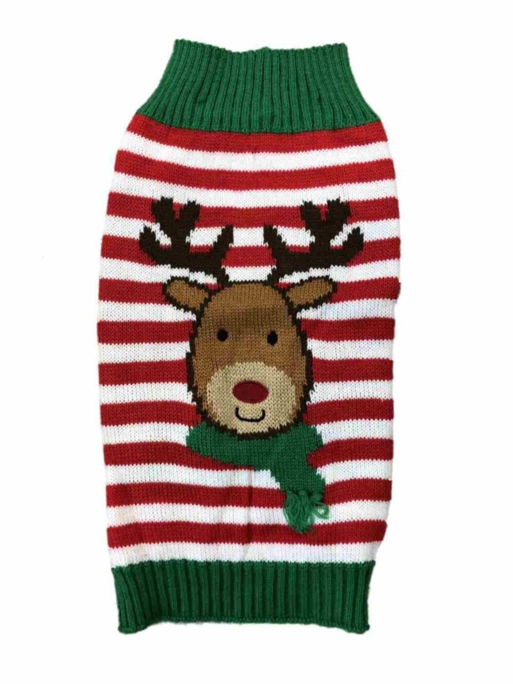 Christmas Reindeer Dog Sweater With Stripes & Green Trim - Medium